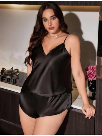 Morliva Büyük Beden Siyah Saten Şortlu Takım