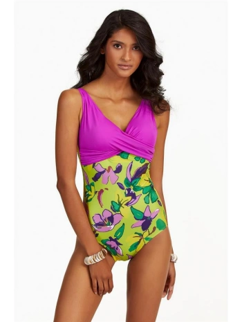 Morliva  Büyük Beden Yeşil Çiçek Desenli Drapeli Mayo