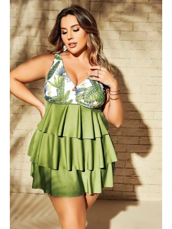 Morliva  Büyük Beden Yeşil Fırfırlı Yaprak Desenli Kalın Askılı Gecelik