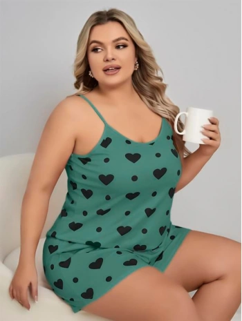 Morliva  Büyük Beden Yeşil Kalp Desen Pamuklu Şortlu Pijama Takımı