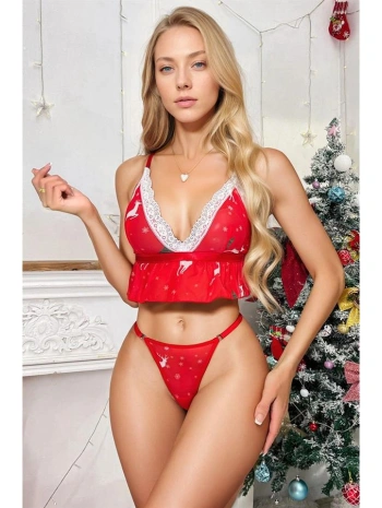 Fantezi Kırmızı Özel Yılbaşı Desenli Sütyen Tanga