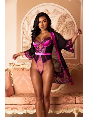Morliva Fuşya Dantel İşlemeli Kalp Desenli Fantezi Gecelik Body Takımı