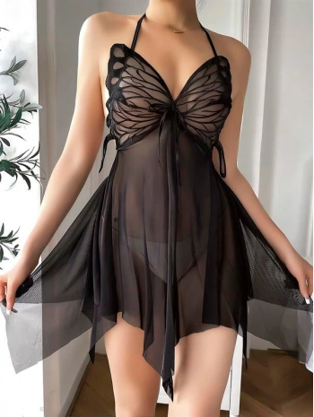 Morliva Göğüs Kelebek Detaylı Fantezi Tül Siyah Gecelik