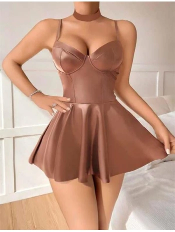 Morliva Kahverengi Etekli Pileli Fantezi Deri Elbise