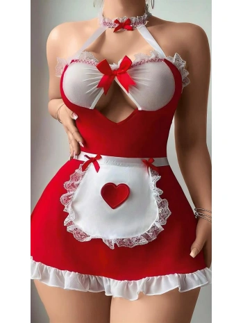 Morliva Kırmızı Beyaz Dantel İşlemeli Kalp Detaylı Fantezi Fransız Hizmetçi Kostümü