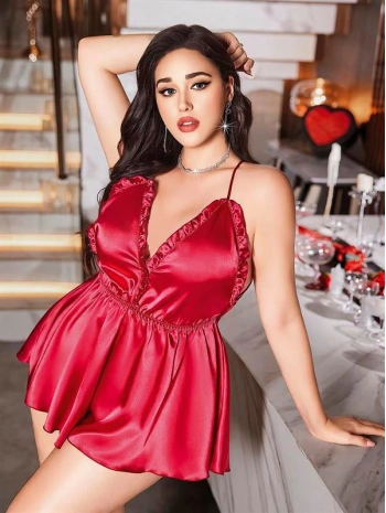 Morliva Kırmızı Büyük Beden Saten Babydoll Gecelik