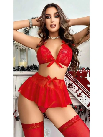 Morliva Kırmızı Dantel İşlemeli Etekli Sütyen Fantezi Takım