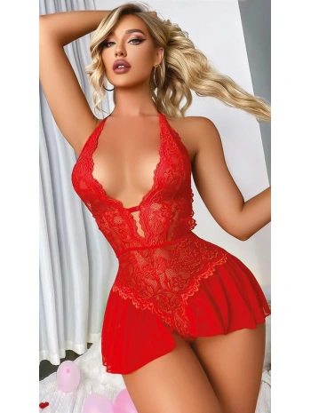 Morliva  Kırmızı Dantel İşlemeli Fantezi Body