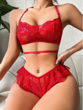 Morliva Kırmızı Dantel İşlemeli Fantezi Şık Sütyen Külot Takımı