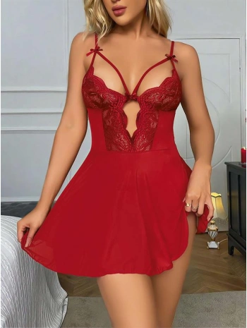 Morliva Kırmızı Dantel İşlemeli Göğüs İp Detaylı Fantezi Tül Gecelik Takımı