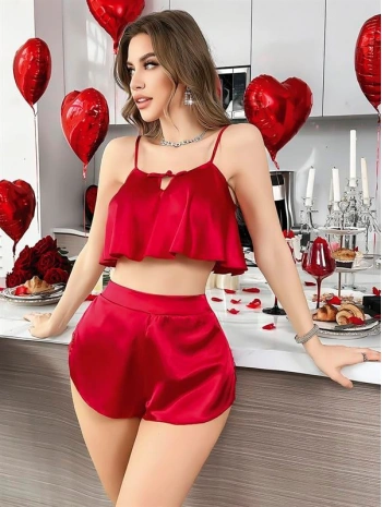 Morliva Kırmızı İnce Askılı Kurdelalı Saten Şortlu Takım