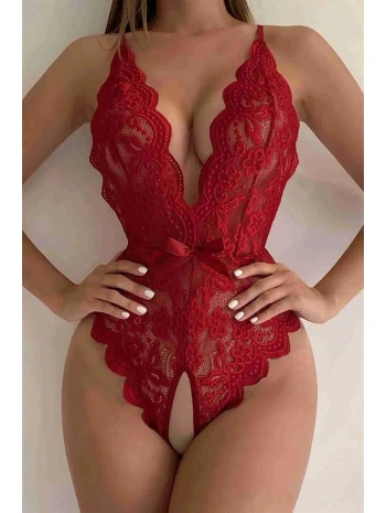 Kırmızı Özel Bölgesi Açık Fiyonklu Dantel Fantezi Body