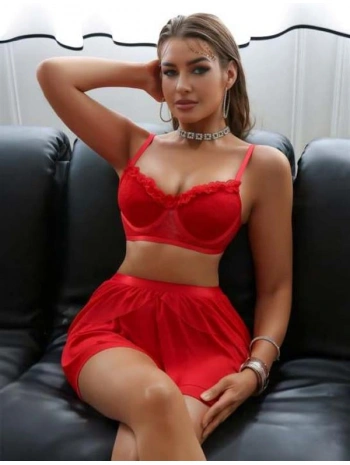 Morliva  Kırmızı Tül Fırfırlı Etekli Sütyen Takım