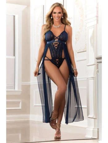 Morliva Lacivert Dantel İşlemeli Tül Pelerinli Fantezi Body