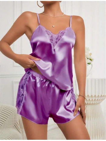 Morliva Mor Dantel İşlemeli İnce Askılı Saten Şortlu Takım