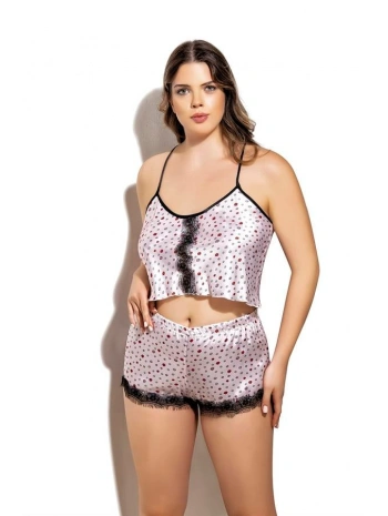 Morliva Öpücük Desenli Fantezi Büyük Beden Şortlu Saten Takım