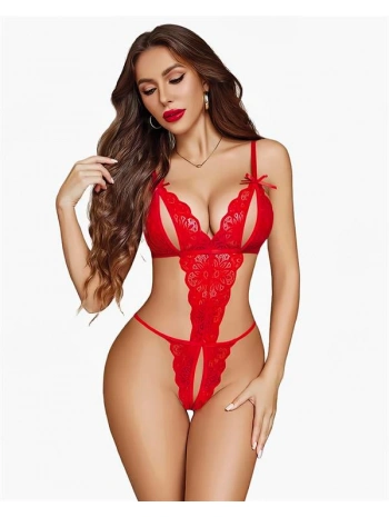 Morliva Özel Bölgesi Açık Göğüs Detaylı Kırmızı Fantezi Body