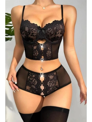 Morliva Özel Bölgesi Açık Siyah Dantelli Fantezi Büstiyer Takım
