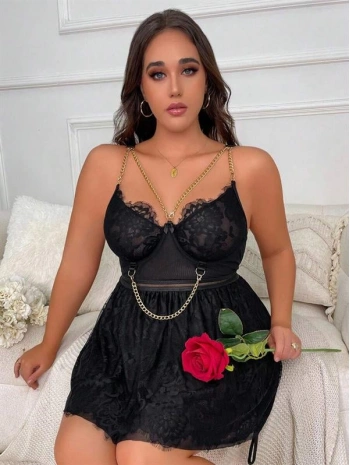 Morliva Özel Tasarım Büyük Beden Fantezi Zincir Detaylı Dantelli Gecelik