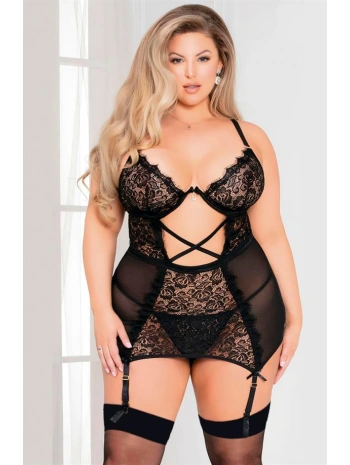 Morliva Özel Tasarım Büyük Beden Siyah Dantel İşlemeli Fantezi Jartiyer Takımı