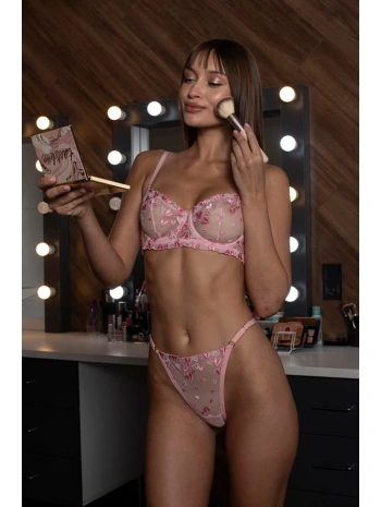 Morliva  Özel Tasarım Dantel İşlemeli Pembe Kalp Desenli Desteksiz Brode Sütyen Takımı