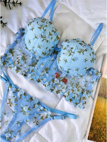 Morliva  Özel Tasarım Mavi Dantel İşlemeli Çiçek Desenli Destekli Bralet Takımı