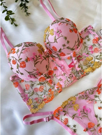 Morliva Özel Tasarım Pembe Dantel İşlemeli Çiçek Desenli Destekli Bralet Takımı