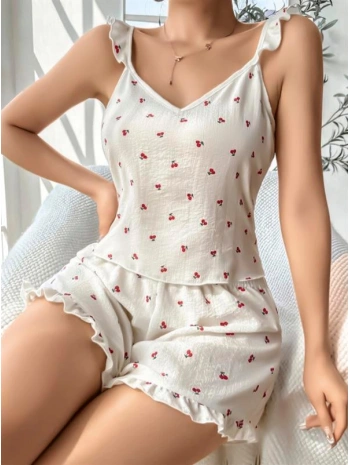 Morliva Pamuklu Beyaz Üstüne Kiraz Desen Fırfır Askılı Şortlu Pijama Takımı