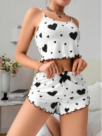 Morliva Pamuklu Beyaz Üstüne Siyah Kalp Desen Fitilli Askılı Şortlu Pijama Takımı
