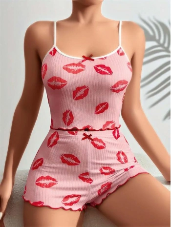 Morliva Pamuklu Kiss Öpücük Desen Pembe Şortlu Pijama Takımı