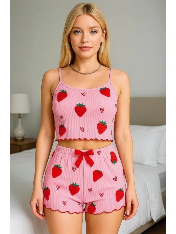 Morliva  Pamuklu Pembe Üstüne Çilek Desen Fitilli Askılı Şortlu Pijama Takımı