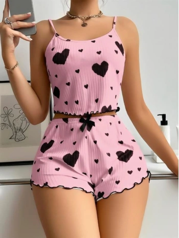 Morliva  Pamuklu Pembe Üstüne Siyah Kalp Desenli Askılı Fitilli Şortlu Pijama Takımı