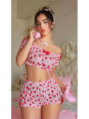 Morliva Pembe Çilek Desenli Şortlu Fantezi Sütyen Takımı