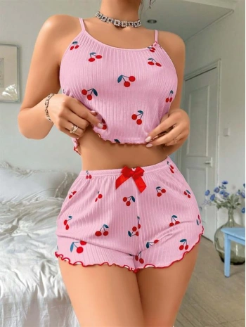 Morliva  Pembe Kiraz Desenli Askılı Şortlu Pijama
