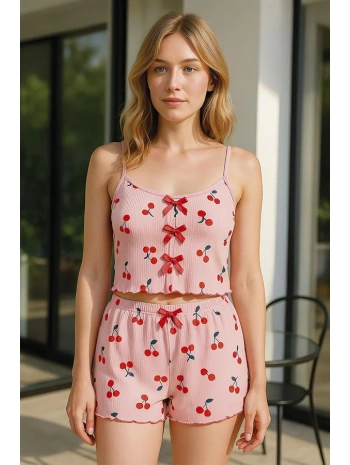 Morliva Pembe Kiraz Desenli Kurdelalı Askılı Şortlu Pijama Takımı