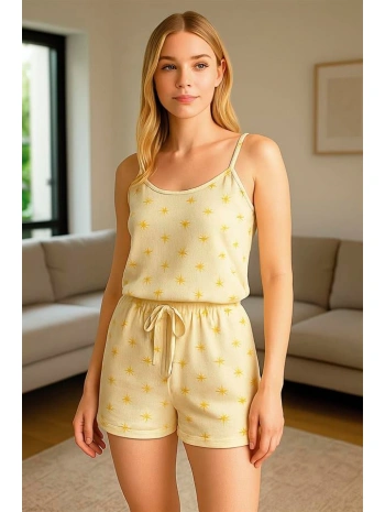 Morliva Sarı Üstüne Desenli Askılı Şortlu Pijama Takımı