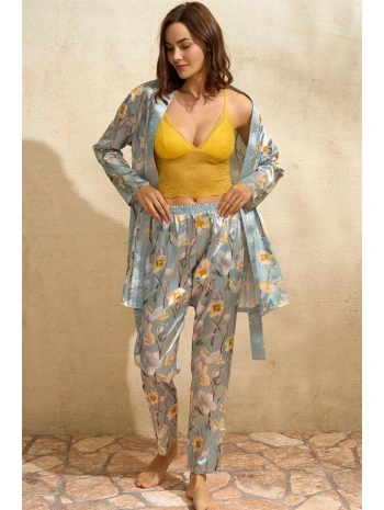 Morliva   Saten Çiçek Baskılı Sabahlık Balensiz Desteksiz Dolgusuz Dantelli Bralet Sütyen ve Pantolon Pijama 3lü Takım