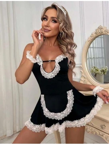 Morliva Siyah Beyaz Aksesuarlı Dantelli Fantezi Hizmetçi Kostümü