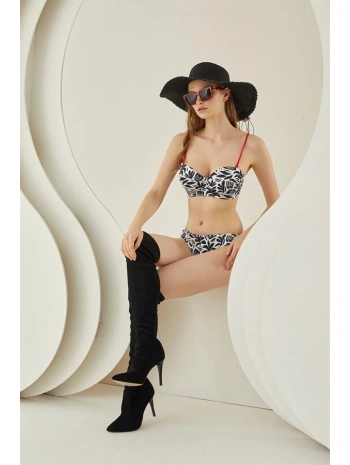 Morliva Siyah Beyaz Desenli Kırmızı İp Askılı Lotus Bikini Takımı