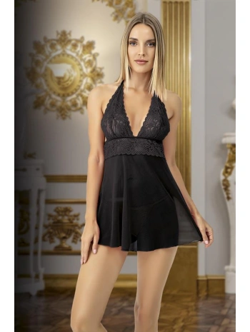 Morliva  Siyah Dantel İşlemeli Boyundan Bağlamalı Fantezi Tül Gecelik Takımı