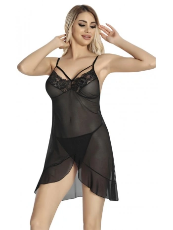 Morliva  Siyah Dantel İşlemeli Göğüs İp Detaylı Fantezi Tül Gecelik