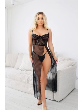 Siyah Dantel İşlemeli Yırtmaçlı Fantezi Şık Tül Gecelik