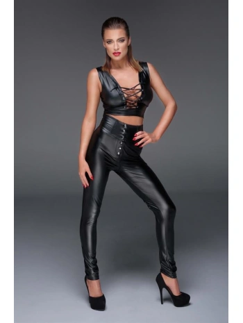 Morliva Siyah Dekolteli Fantezi Deri Tulum