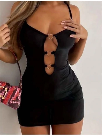 Morliva Siyah Göğüs Dekolteli Kalp Detaylı Mini Club Elbisesi