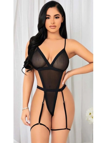 Morliva  Siyah İp Detaylı Tül Fantezi Body