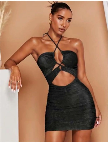 Morliva Siyah Simli Boyundan Bağlamalı Göğüs Dekolteli Mini Club Elbisesi