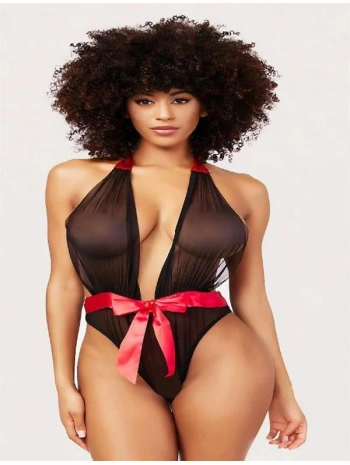 Morliva  Siyah Transparan Tül Kırmızı Kurdelalı Fantezi Babydoll