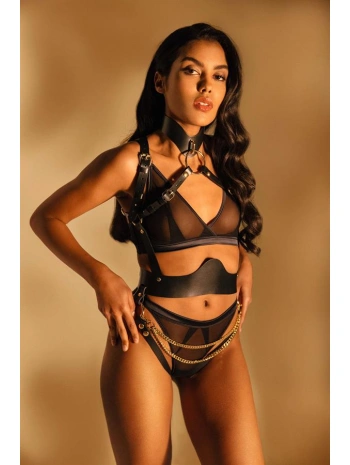 Siyah Zincir Aksesuarlı Fantezi Deri Vücut Harness