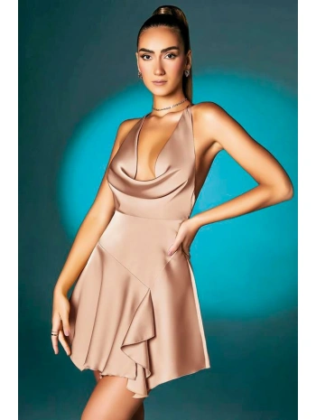 Morliva Somon Askılı Degajeli Fantezi Mini Elbise