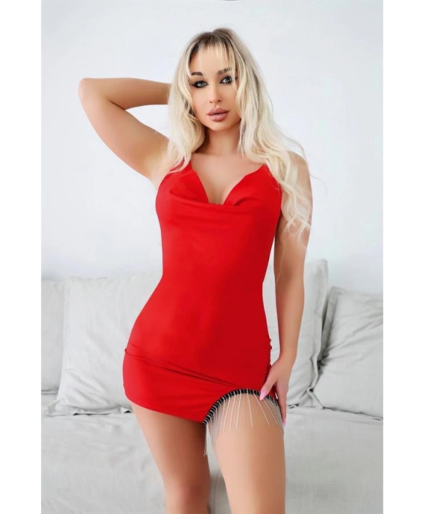 Morliva Bacak Kısmı Boncuk Detaylı Kırmızı Mini Fantezi Gecelik